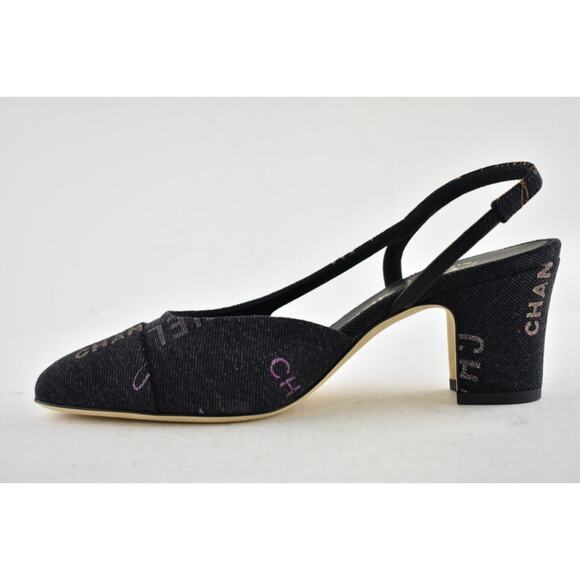 Chanel 22P Mademoiselle Coco Sling CC Black Grey Denim Slingback Sandal Heel 40 - Picture 9 of 12